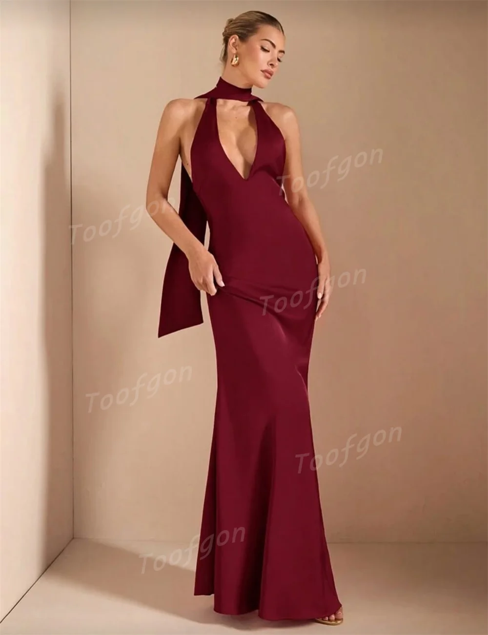 Toofgon بسيط عنابي طويل فساتين لحضور الحفلات الموسيقية مخصص حورية البحر فستان سهرة مفتوح الظهر مثير لينة الساتان فساتين الزفاف الخطوبة