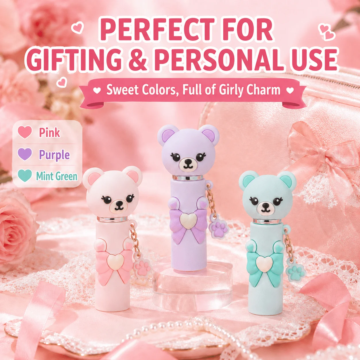 Cute Bow-Knot Teddy Bear Mini Refillable Perfume Spray Bottle, with Paw Print Pendant Keychain, Portable Travel Fine Mist Sprayer, Detachable Teddy Bear Cap Fragrance Container, Girly Pastel Fragrance Sprayer, Cute Gift for Girls and Women view 6