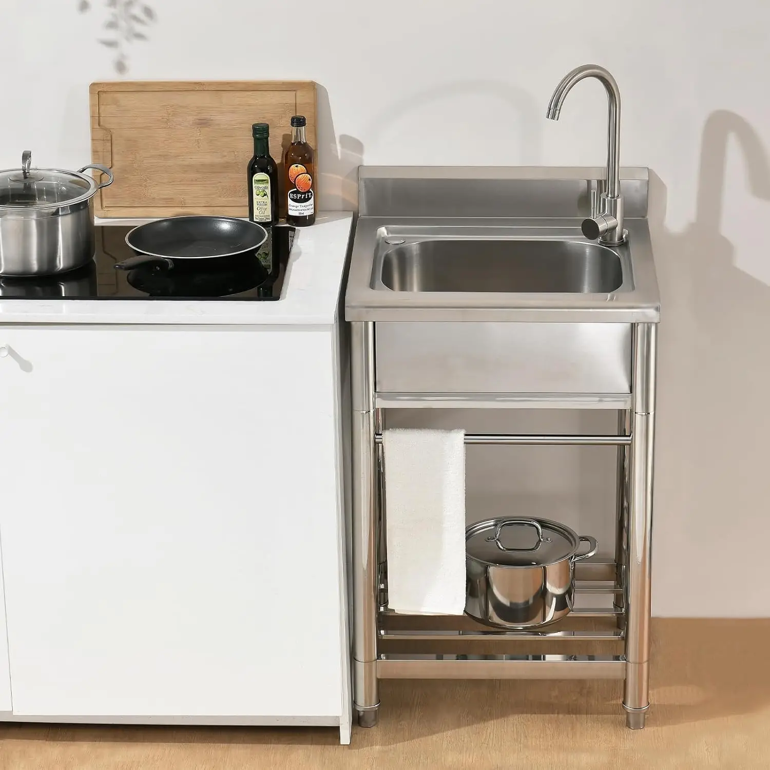 

Free Standing Stainless Steel Sink with Faucet, 16 Gauge Single Bowl Garage Laundry Outdoor Sink (19'D x 23'W x 38'H)