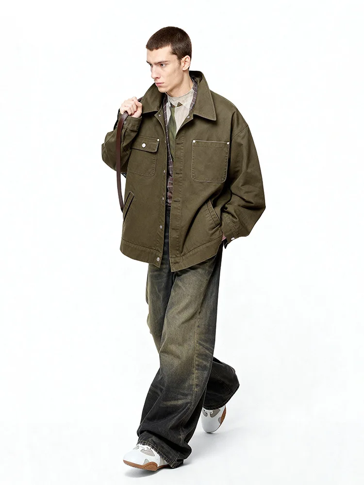 Jiezhan Men's Double-Cut Work Jacket, Autumn New Arrival, American Retro Trendy Casual Shirt Jacket for Men