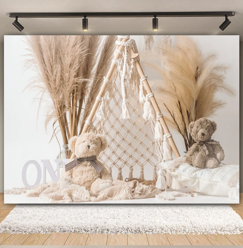 Bohemian Baby Shower Verjaardag Achtergrond Witte Tent Kwastjes Pampas Gras Bloem Pasgeboren Cake Smash Fotografie Achtergronddecor