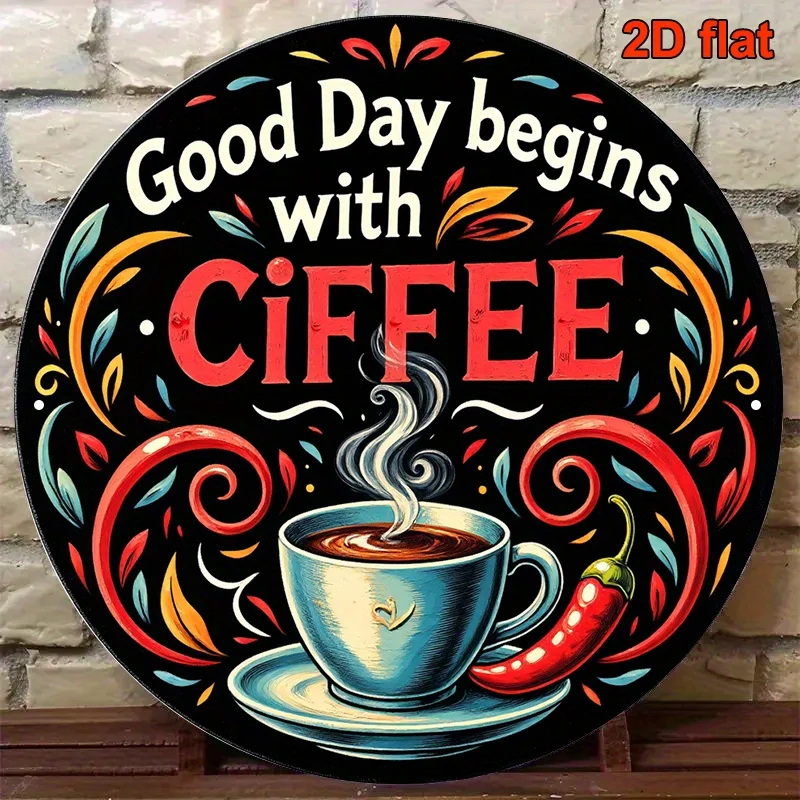 لافتة ألومنيوم مستديرة 2D، قطعة واحدة مقاس 20.32 × 20.32 سم - "يوم جيد يبدأ مع القهوة" ديكور حائط عتيق بخاري مزين بالزهور، مناسب