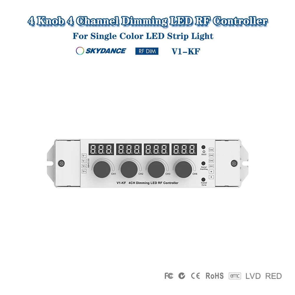 

Skydance V1-KF DC12-48V 4Knob+Key+2.4GHzRF 4 Channel 4A/CH PWM LED Dimmer Switch Controller For Single Color LED Strip Light