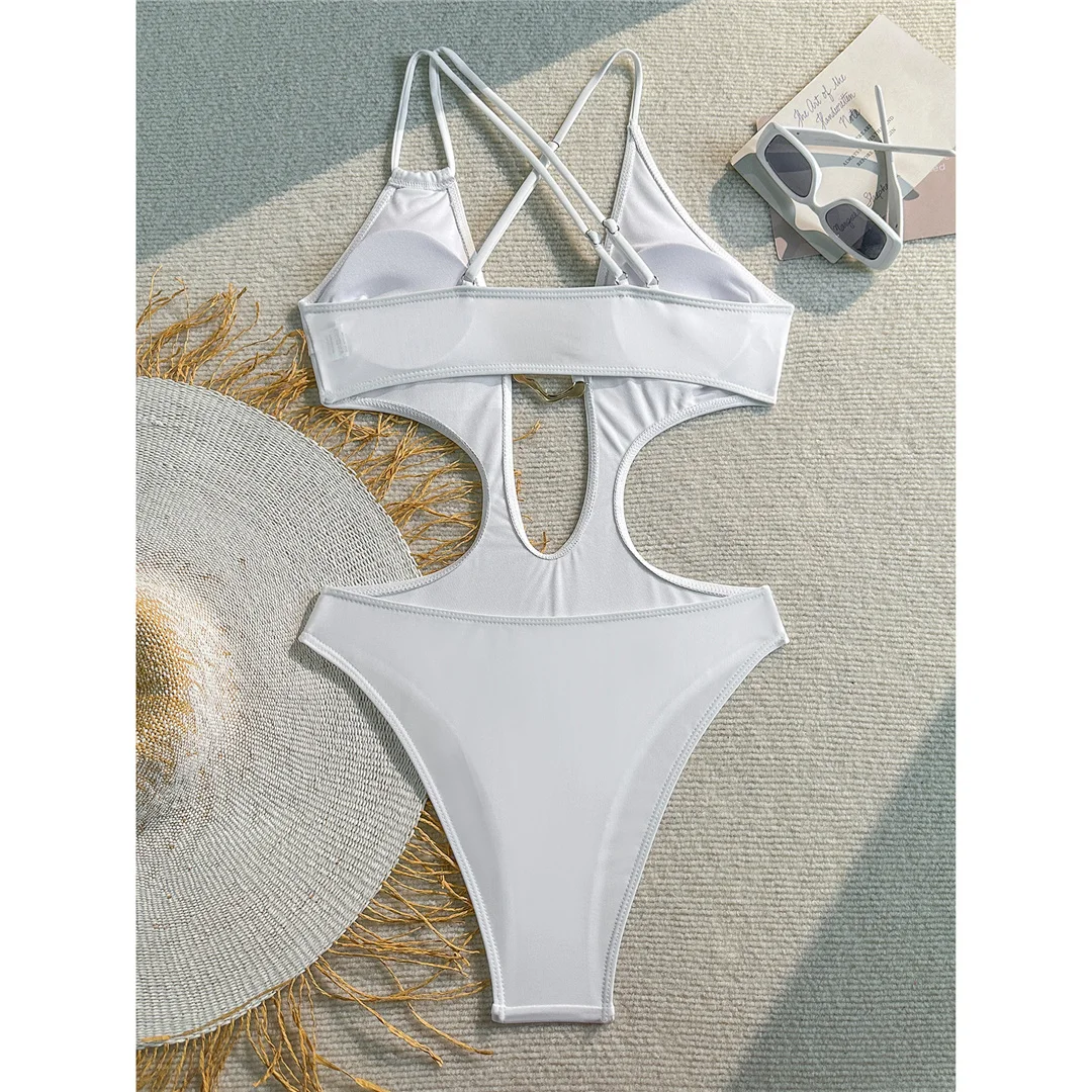 Sexy Badeanzug für Damen mit Metallring-Ausschnitt und Kreuzrücken, einteiliger Badeanzug, hoch geschnittene Beine, Monokini, Badebekleidung, Badeanzug V7566 – Detail 20