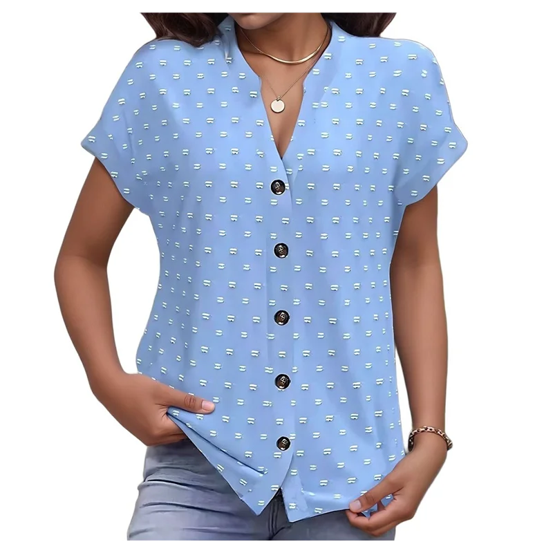 AOAO-Donna 2025 Camicetta estiva a maniche corte con scollo a V e volant Camicia fluida a pois