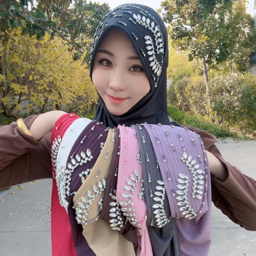 Gem Rhinestone Decor Arabian Muslim Winter Shawls Hijab Hat