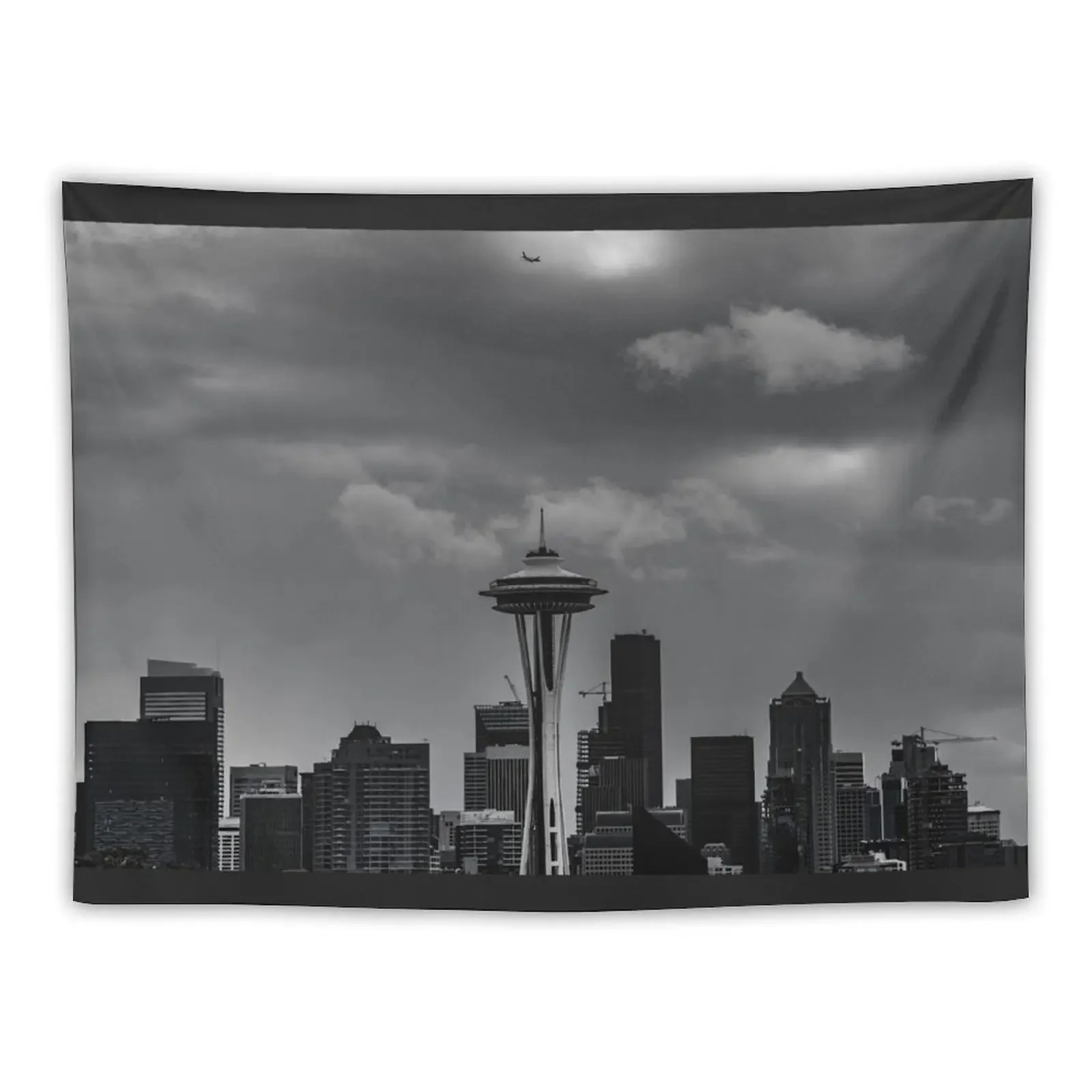 

Plane over the Space Needle - Seattle B&W Tapestry Decoration For Bedroom Decoration Pictures Room Wall Tapestry