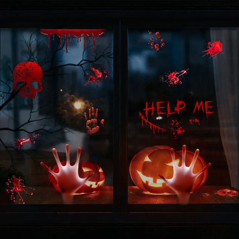 Bloody Handprint Skull Blood Splatter Halloween Window Sticker, Escape Room Decal, Spooky Hallway Party Scene Decor