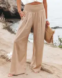 Women's Wide-leg Pants Solid Color Cotton and Linen Loose Trousers Casual Basic Korean Style High Street Pants for Female