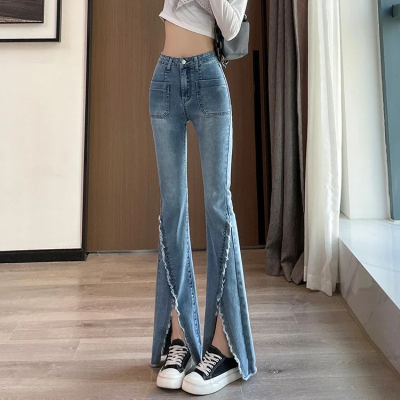 

Flare with Slits Trousers Women's Jeans Bell Bottom Blue High Waist Shot Flared Pants for Woman Pockets Basics Medium Gyaru Z A