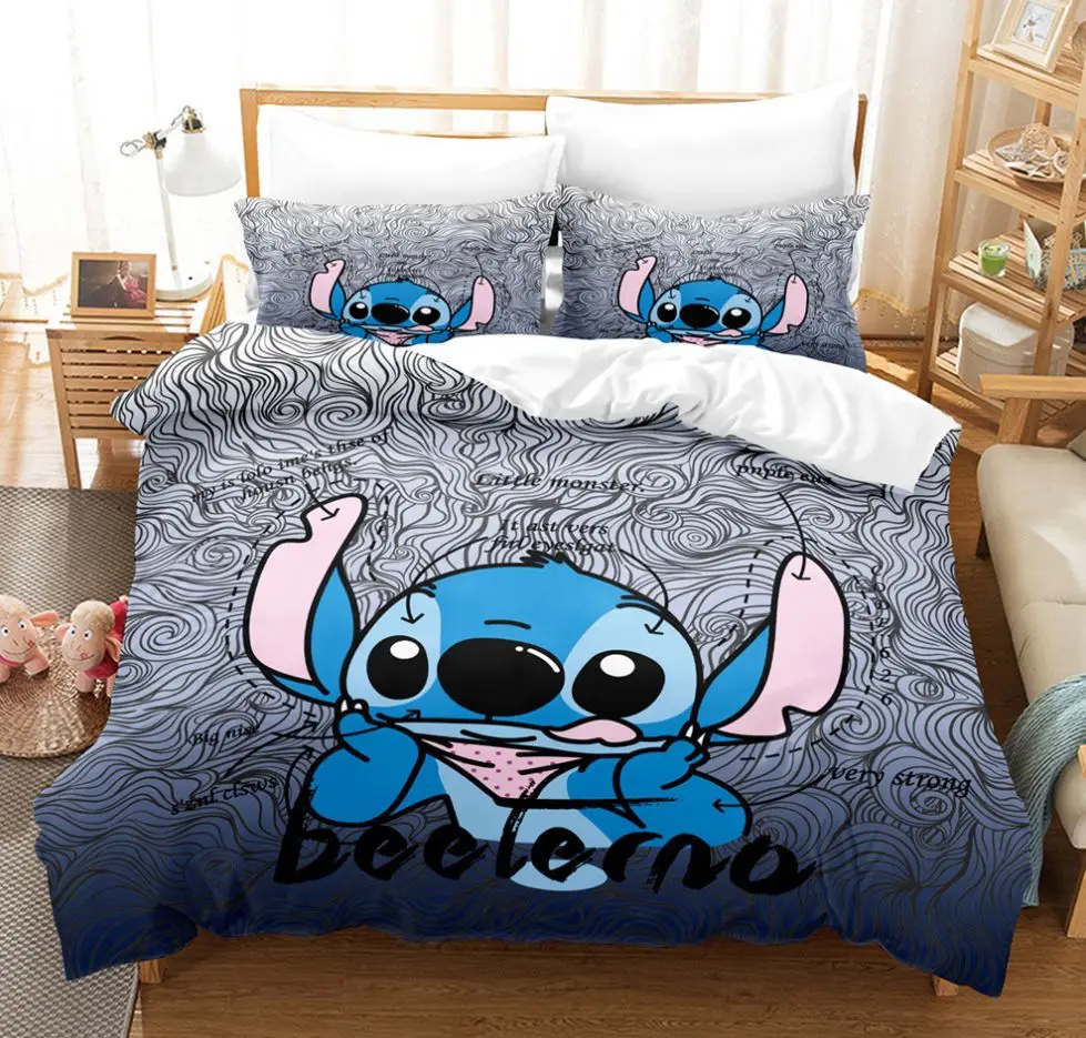 Disney Cartoon Anime Stitch Bedding Set Little Monster Quilt Duvet Cover Pillowcase Kids Bed Comfortable Bed Set Twin King