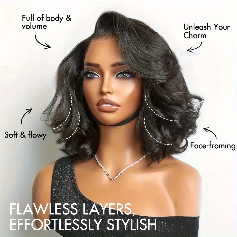 شعر مستعار ناعم قصير مموج مع دانتيل أمامي - دانتيل عالي الدقة 13 × 4، نسيج مموج طبيعي مناسب لخط الشعر، خفيف الوزن ومريح