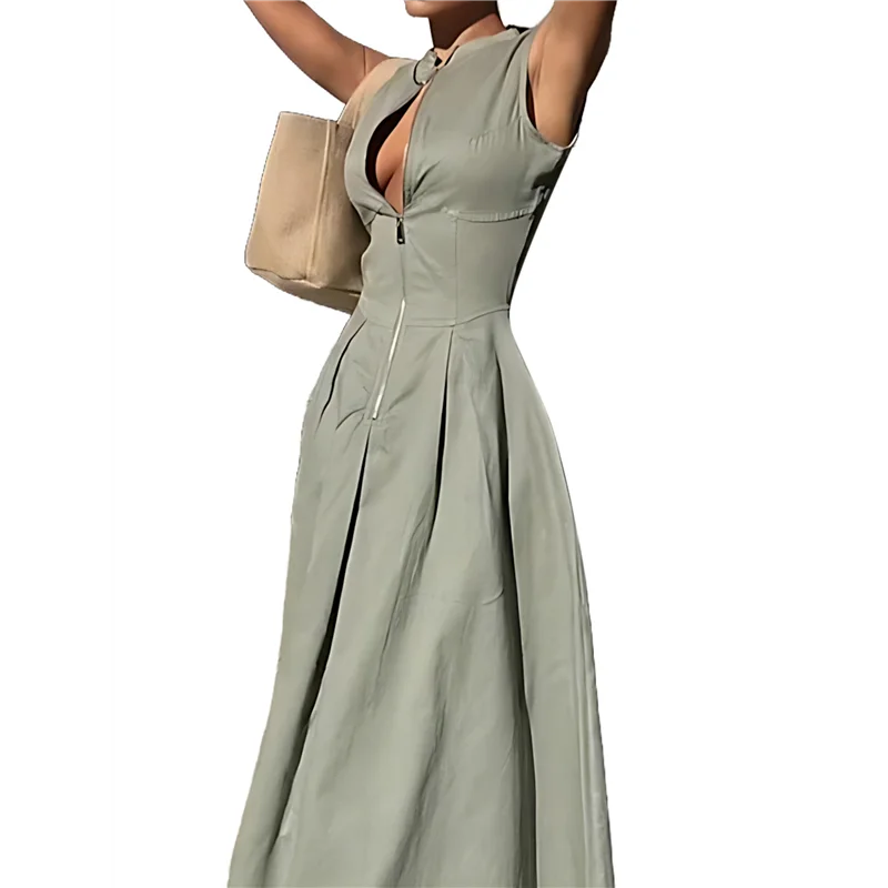 【SEE】 Abito longuette casual estivo diviso da donna con scollo a V profondo e maniche ad aletta con cerniera e vita elastica con tasche