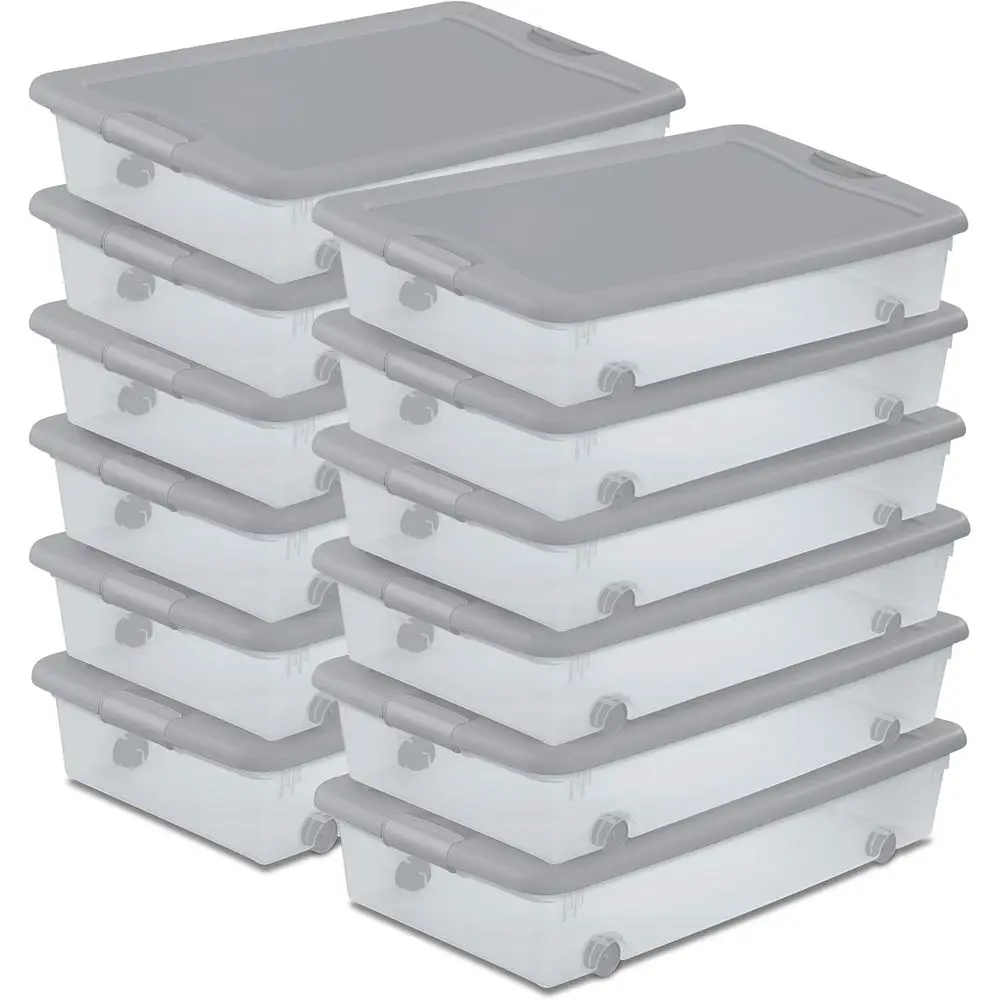 

12-Piece Rolling Underbed Storage Set, 56-Quart Silver Tinted Plastic Bins for Clothes & Shoes Organization