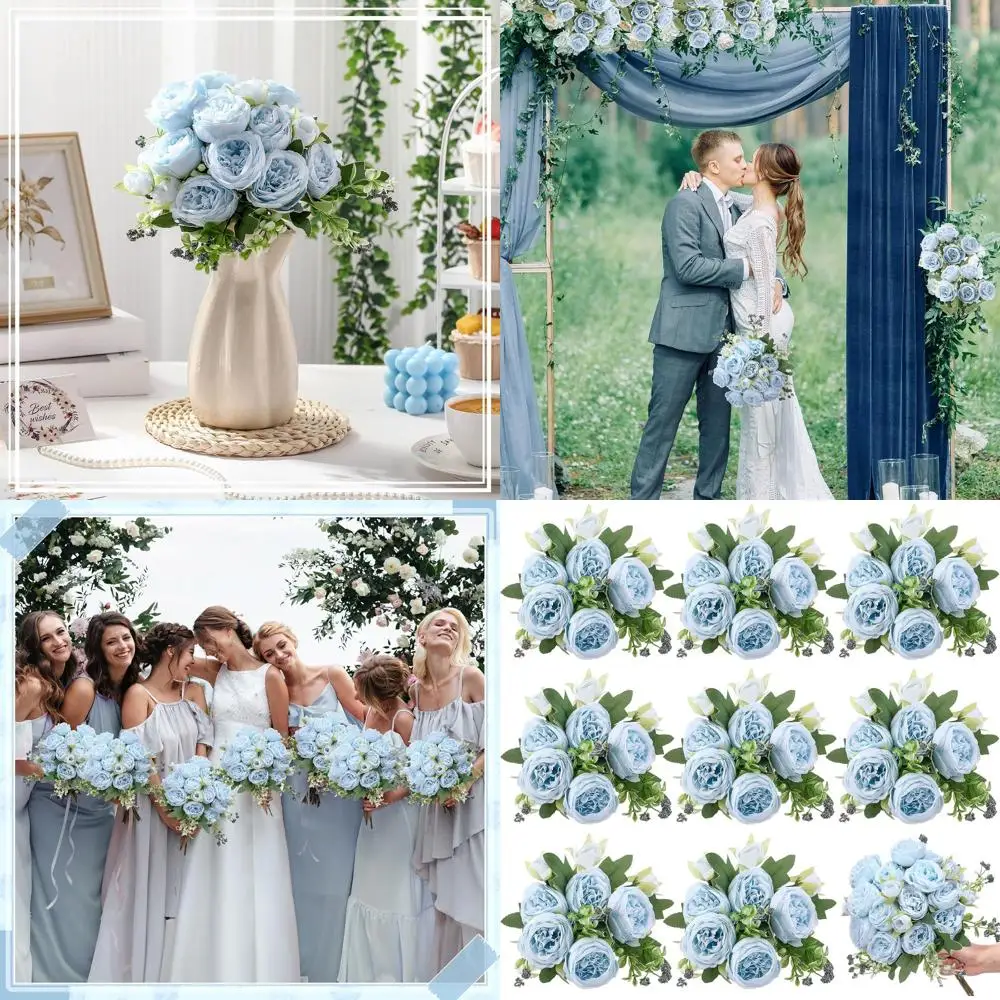 

Букеты искусственных пионов в стиле бохо для весенних свадебных композиций в синей вазе