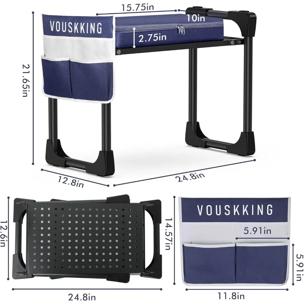 Asiento plegable para arrodillarse de jardín con almohadilla suave y gruesa, taburete resistente de 350 libras, bolsa de herramientas de jardinería para hombres y mujeres