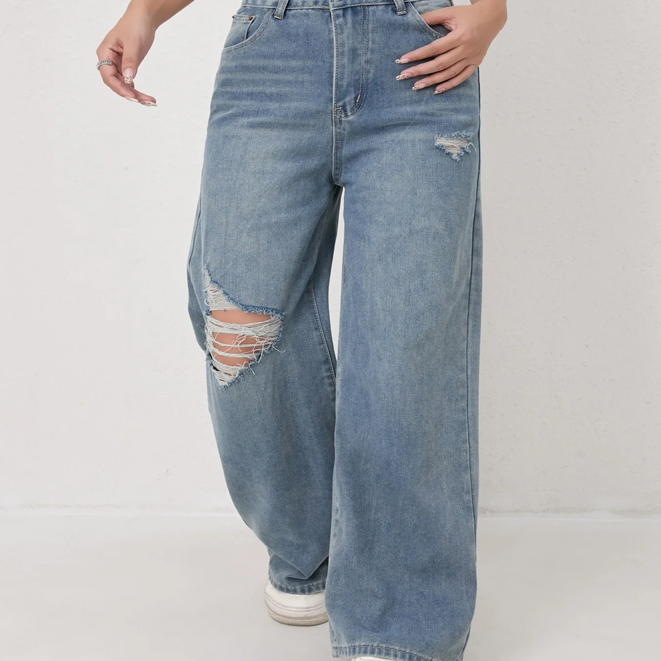 2026 カジュアルファッション ワイドレッグ ドレーピングパンツ アメリカンレトロ 穴あき レディースデニムパンツ ハイウエスト ルーズデザイン トラウザーズ