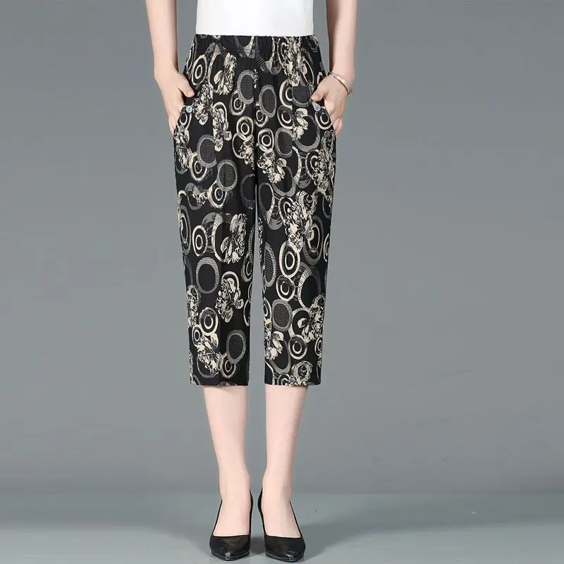 Summer New High Waist Capri Pants Elastic Casual Loose Straight Female Clothing Fashion Pockets Patchwork Vintage Printed Pants