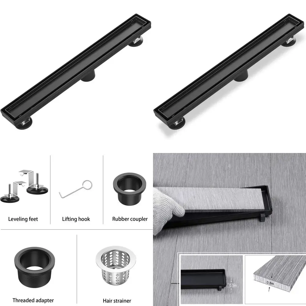 

36 Matte Black Stainless Steel Linear Shower Drain with Tile Insert, Reversible Cover, Hair Catcher, Adjustable Feet