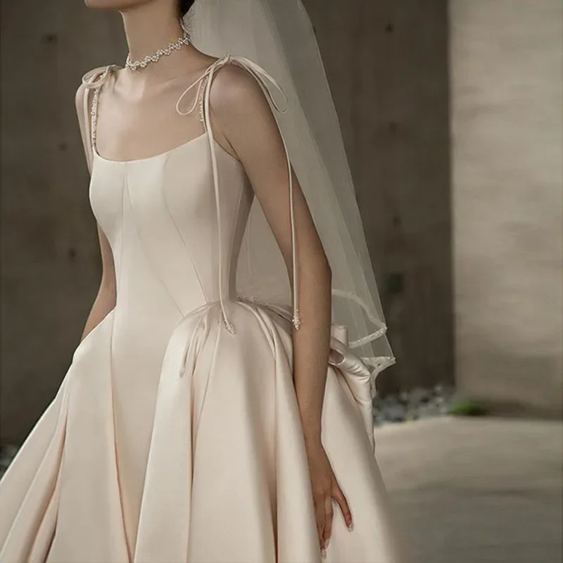 Robe de Mariée Principale en Satin à Bretelles Vintage, Magnifique, Classique, Légère, Longueur au Sol, Nouvelle Collection