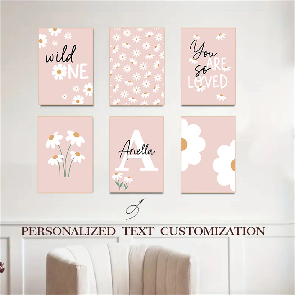 

Cartoon Pink Wildflowers Canvas Painting Custom Name Poster Daisy Nursery Wall Art Print Picture Nordic Posters Girls Room Decor