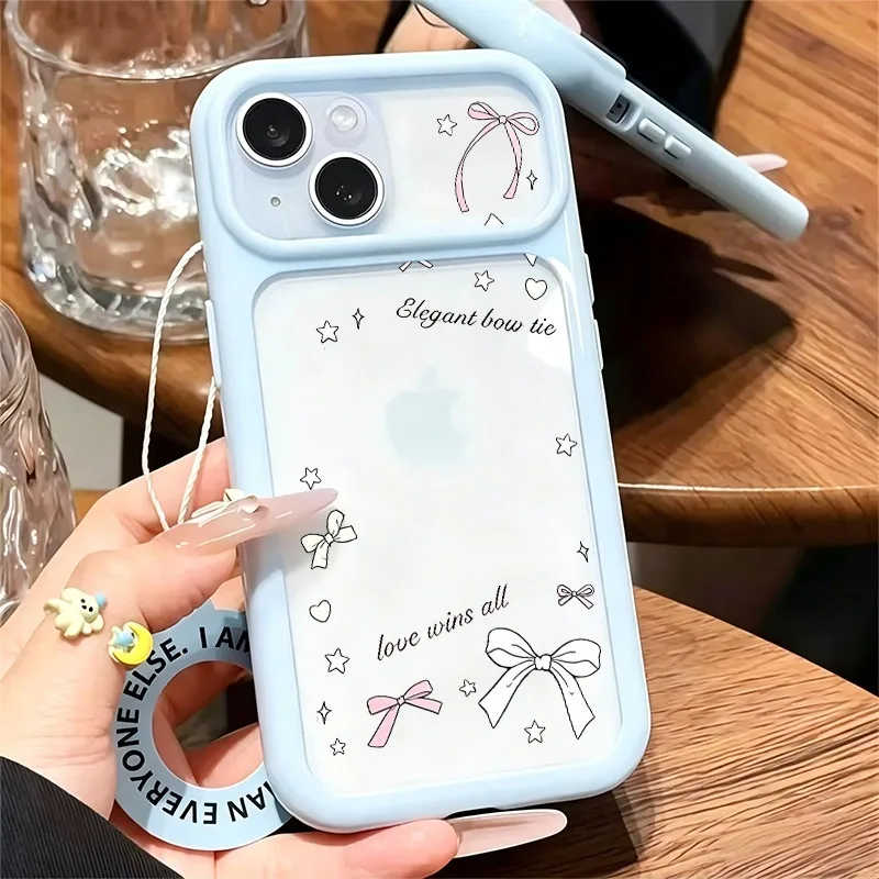Coquette Pink White Bow Star Heart Letter Print Phone Case, Large Window Soft TPU Shockproof Cover For iPhone