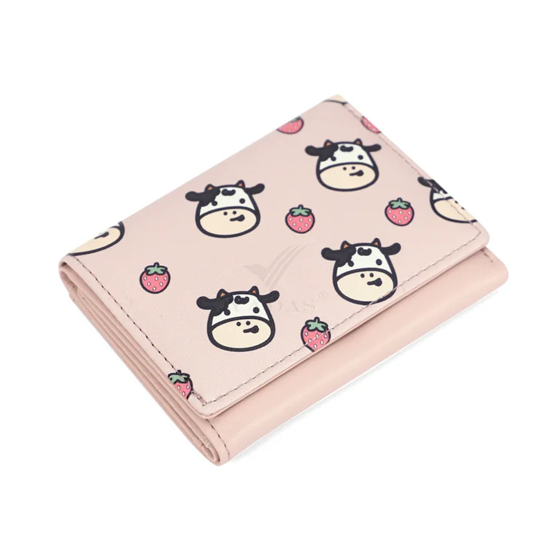 Mulheres Carteira Bonito Vaca Impressão PU De Couro Titular Do Cartão De Negócios Feminino Menina Coin Purse Pouch Mulheres Tri-fold Cartoon Curto Carteira