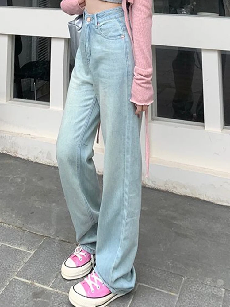 Ins 2024 Girls High Waist Summer Thin Straight Leg Jeans Female Light Blue Trashy Y2k 2000s Contrast Color Denim Wide Leg Pants