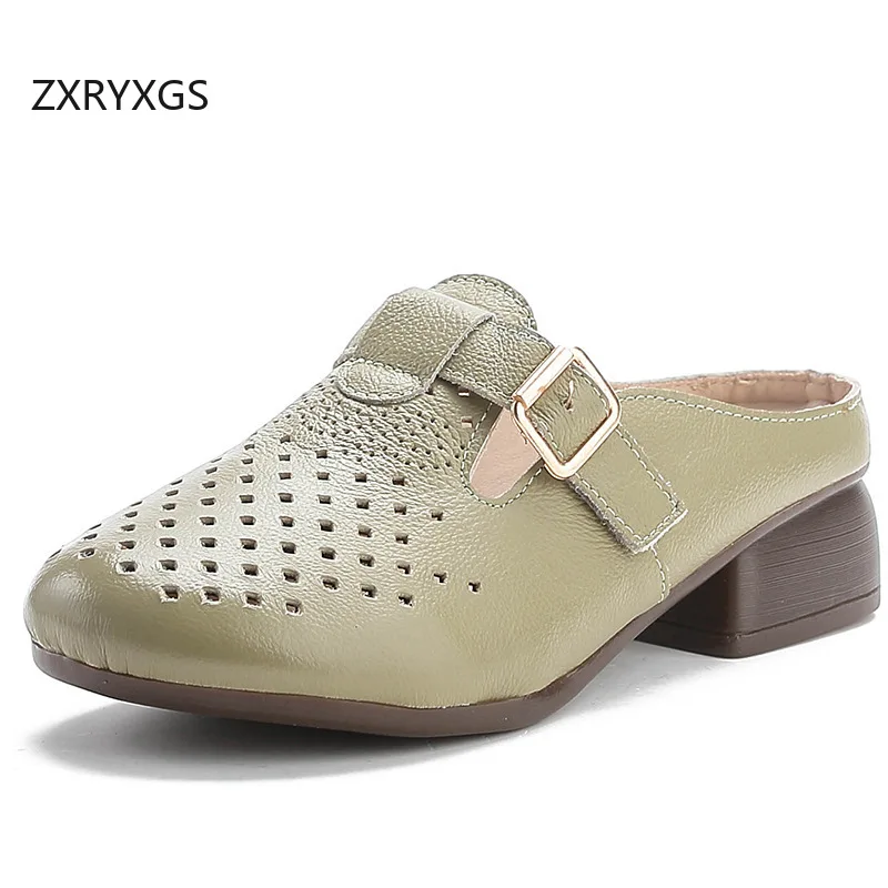 

ZXRYXGS Elegance Cowhide Round Hollow Women Outerwear Slippers 2024 Summer Women Leather Slipper Thick Heel Comfortable Sandals