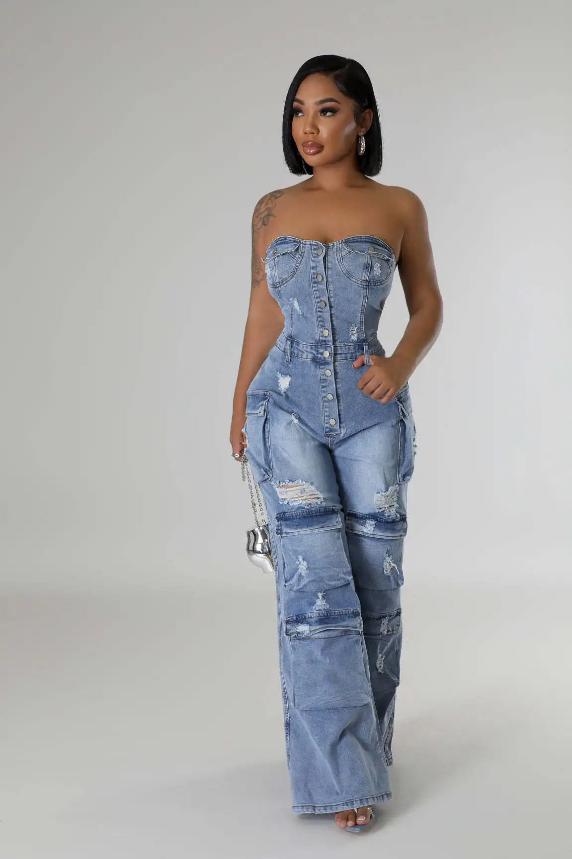 Tuta da donna autunno Sexy senza maniche senza spalline Multi-tasca tuta Cargo in Denim elastico Streetwear buco gamba larga Jeans tuta