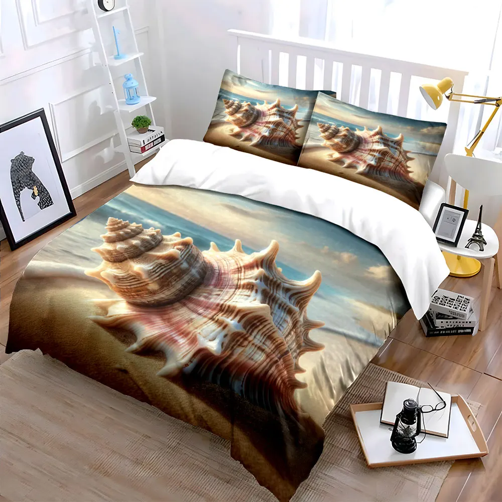 Exquisite seashell on beach Duvet Cover Set with 3D Print Design Soft Polyester Bedding Set All-Season Comfort Machine Washable
