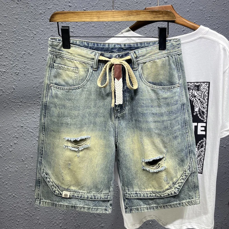 Nostalgic Ripped Middle Pants Denim Shorts Men's Summer Retro Street Trendy Elastic Waist Stretch Distressed Cropped Pants