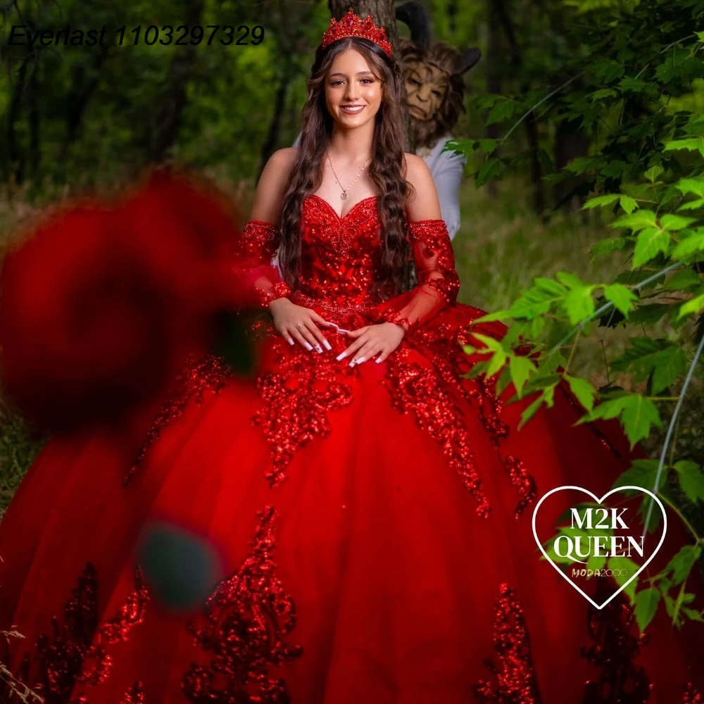 EVLAST Customized Long Sleeve Red Quinceanera Dress Ball Gown Lace Applique Beading Tiered Sweet 16 Vestidos De 15 Anos TQD780