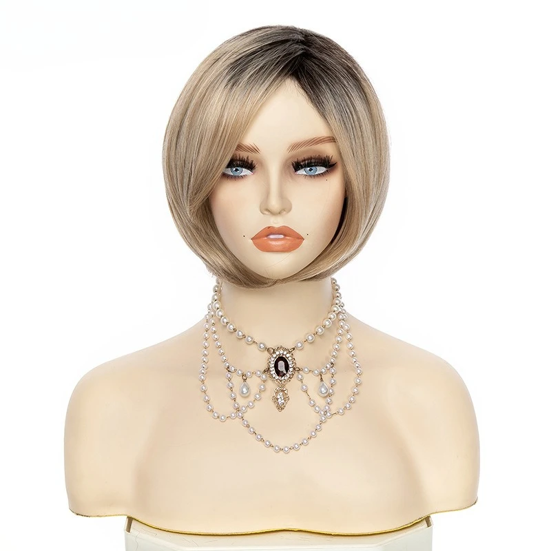 European and American fashion short straight hair Bobo oblique bangs chemical fiber high temperature silk wig women's headgear