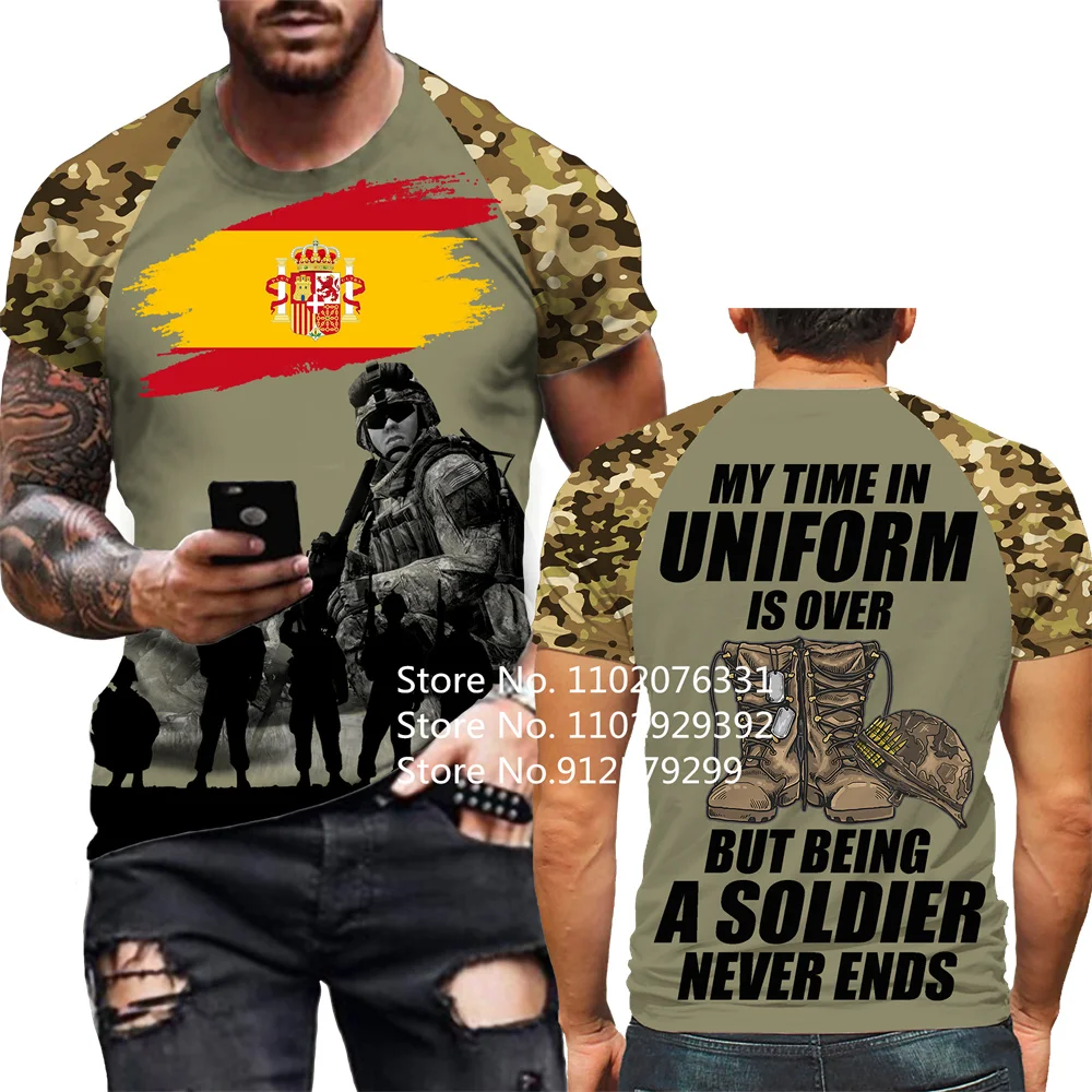 Outdoors Fashion Soldier Army Veteran Spain Flag 3D Print T-shirts Loose O-Neck Short Sleeve Casual T Shirt Men Tops