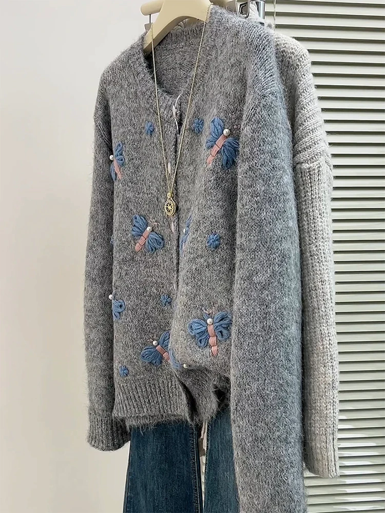 

Корейский вязаный кардиган в стиле ретро с вышивкой, новый зимний, больших размеров, модный универсальный топ, женский свитер