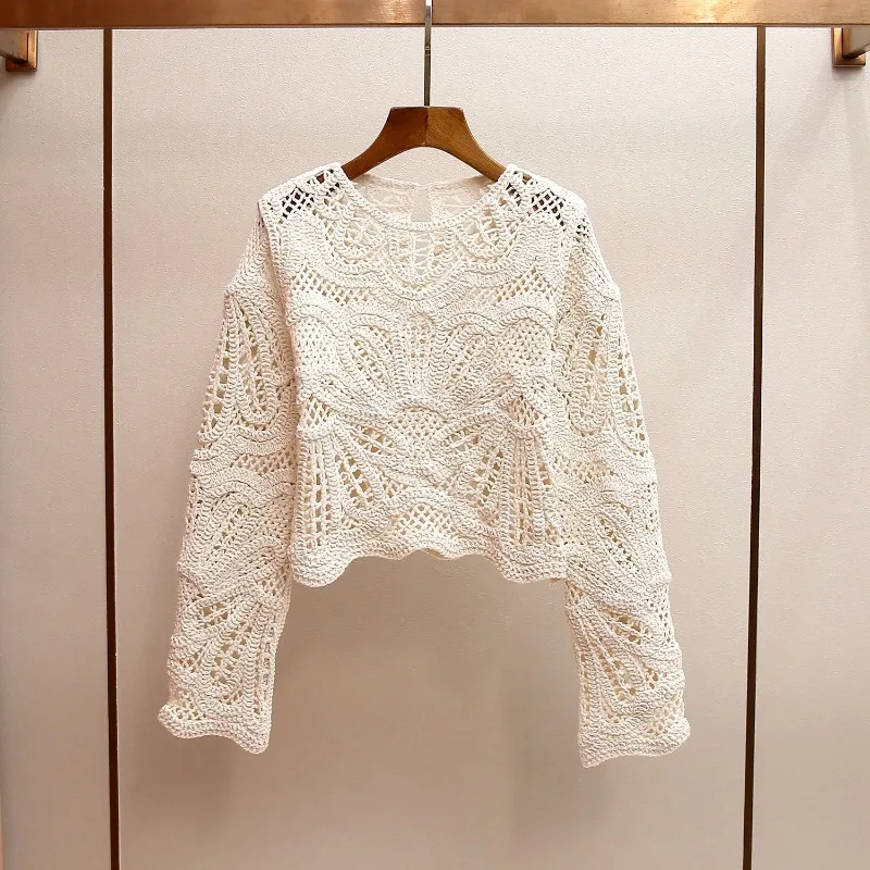 

Новая мода вязаный свитер женский ажурный крючком дизайн пуловер топы повседневная свободная блузка
