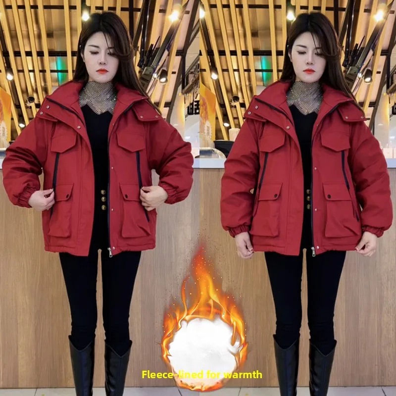 

Slimming Fce Lined Thiened Hooded Cotton Jaet Women's Winter New Sle Korean Loose Workwear ort Coat Zipper Closure