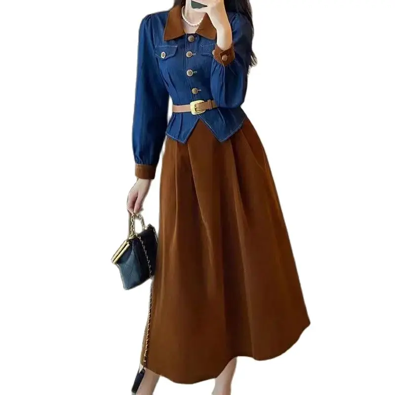 SAYTHEN New 2023 set of high-end denim shirts for autumn and winter, paired with a two-piece skirt and free belt