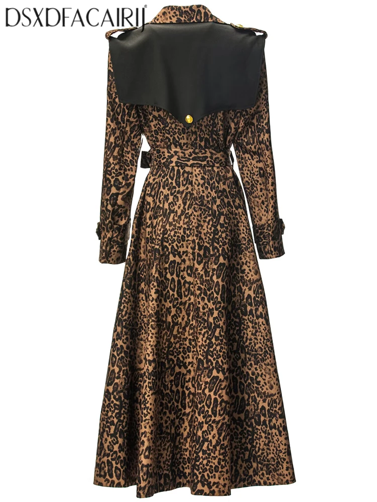 DSXDFACAIRIJ معطف واق من المطر مزدوج الصدر بطبعة الفهد للنساء مع ياقة بحار وأكمام طويلة ورباط ملابس خارجية للخريف