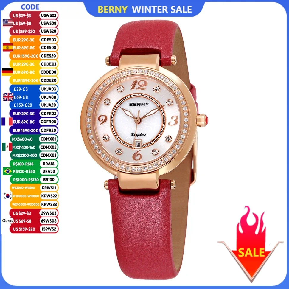 BERNY Watch for Women Calendar Sapphire Elegant Quartz Women\'s Wristwatch Luxury Diamond inlaid Clock S/S Leather Ladies Watches