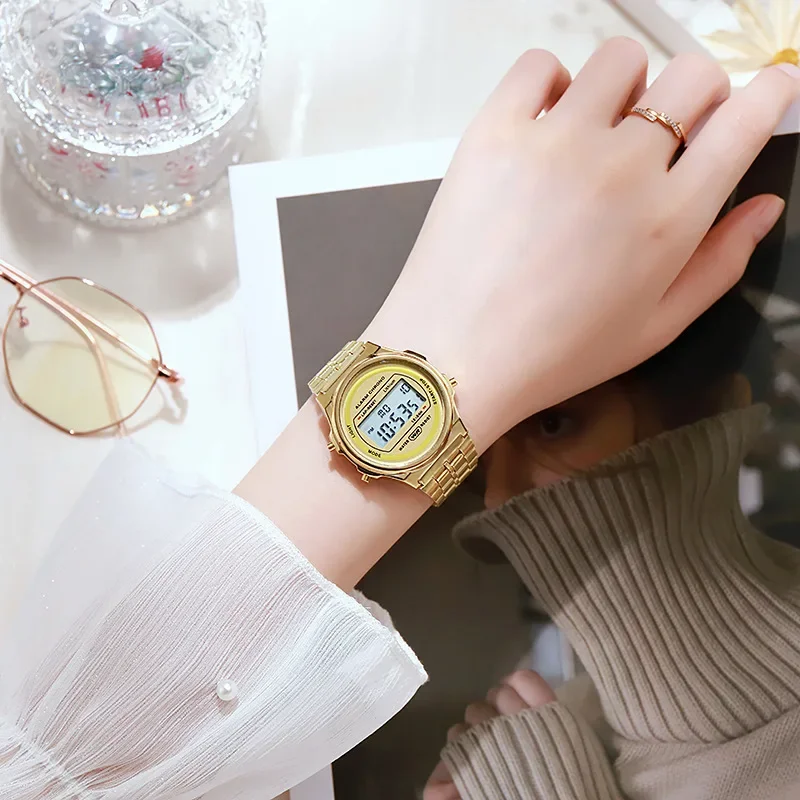 Reloj F91W con banda de acero no resistente al agua para mujeres y hombres, reloj deportivo Digital LED multifuncional de negocios, pulsera, reloj electrónico