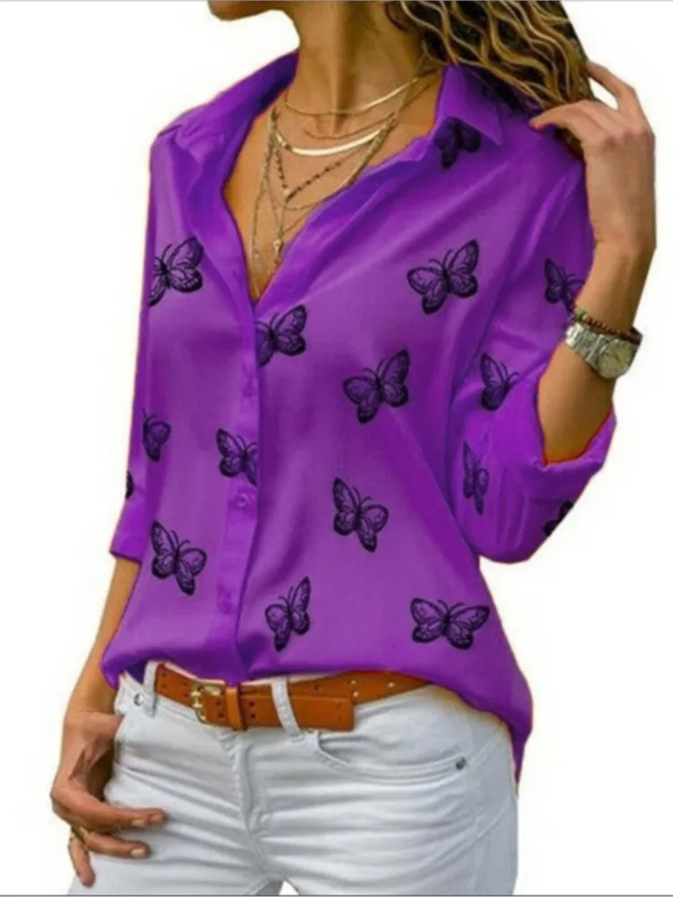 

Women's Spring Summer New Fashionable Multicolor Butterfly Printed Loose Collar Comfortable Button Shirt For Women