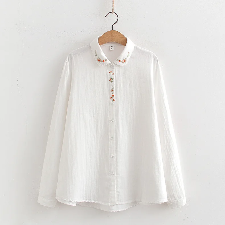 New Spring Cotton Casual Long Sleeve Shirt Women Lapel Embroidery Top Mori Girl Loose Fashion Sweet Blouses 2024 Summer T45855QM