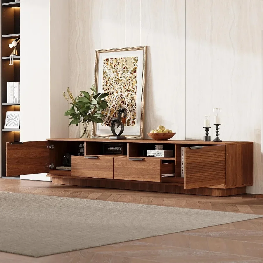 Modern 78 inch TV stand for TVs up to 85, entertainment center in walnut finish, deep drawer cable management, soft-closing hin