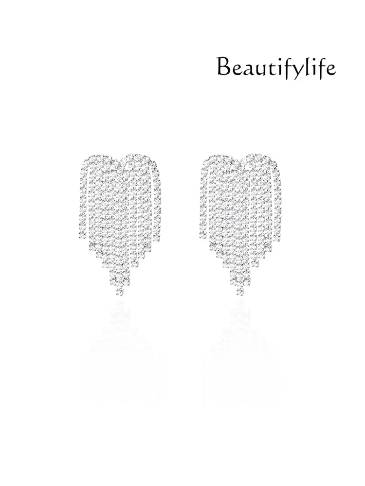 Galaxy Track Diamond-set Love Fringed Earrings Premium Design S925 Silver Needle Ear Clips