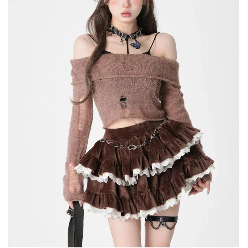 Deeptown Brown Kawaii Corduroy Skirt Women Korean Style Sweet Cake Mini Skirt Lace Spliced Black High Waist Ruffle Short Skirts