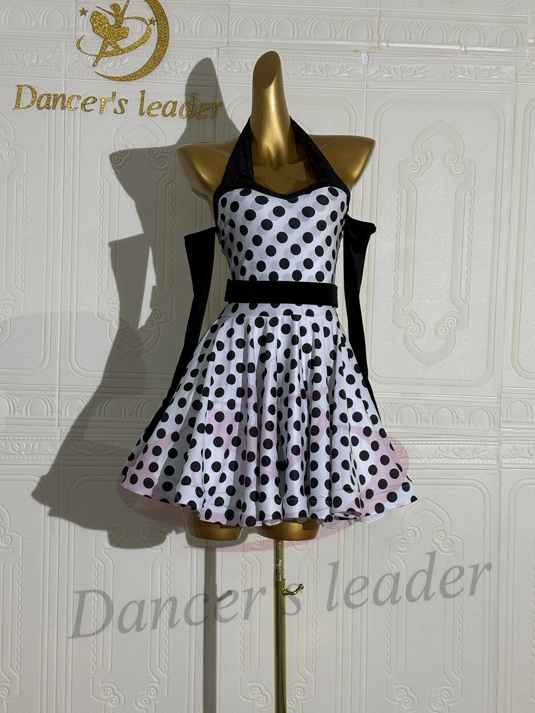 

Latin Dance AB Stone Female Adult Children High end Customized Black polka dot Flower Dress Black Pool Samba Performance Dress