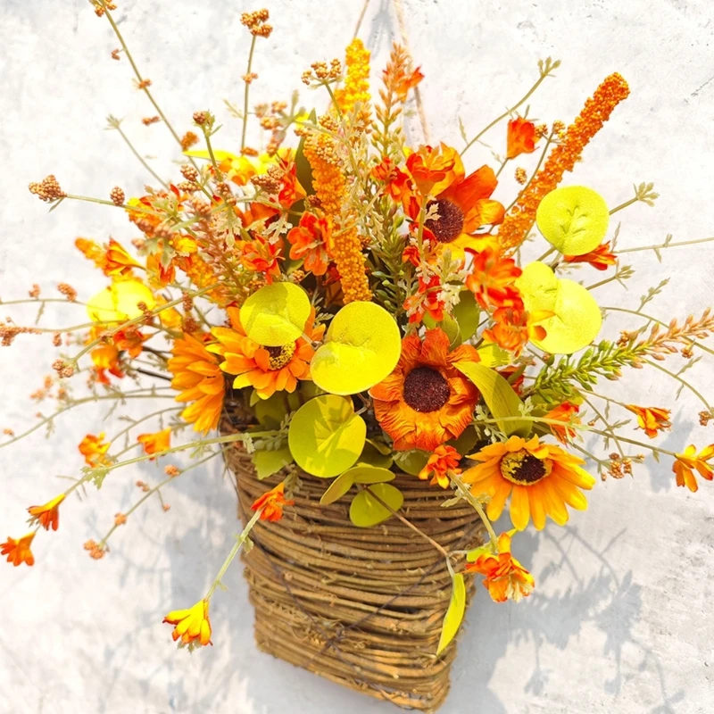 Fall Sunflowers Basket Front Door Wreath Thanksgiving Flower Wreath Hangings Door Basket Door Sign for Farmhouses Decors