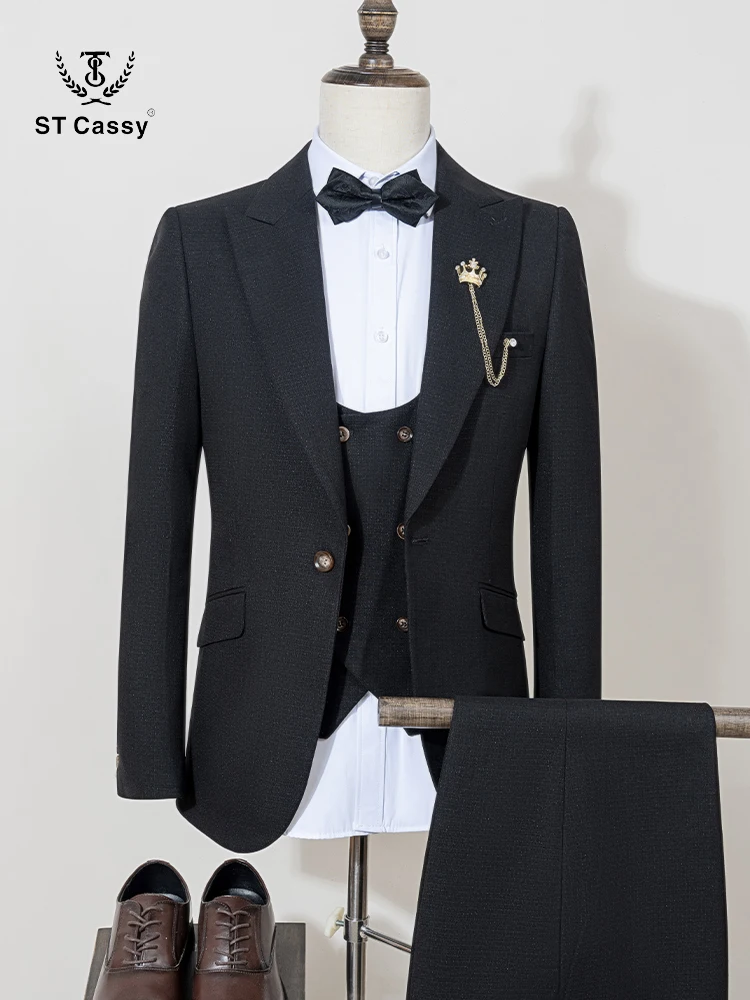 

ST Cassy black Men suit 3 piece set gray elegant slim fit formal office and leisure banquet groomsman set groom's wedding dress